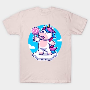 Cute Unicorn Holding Candy On Cloud Cartoon T-Shirt